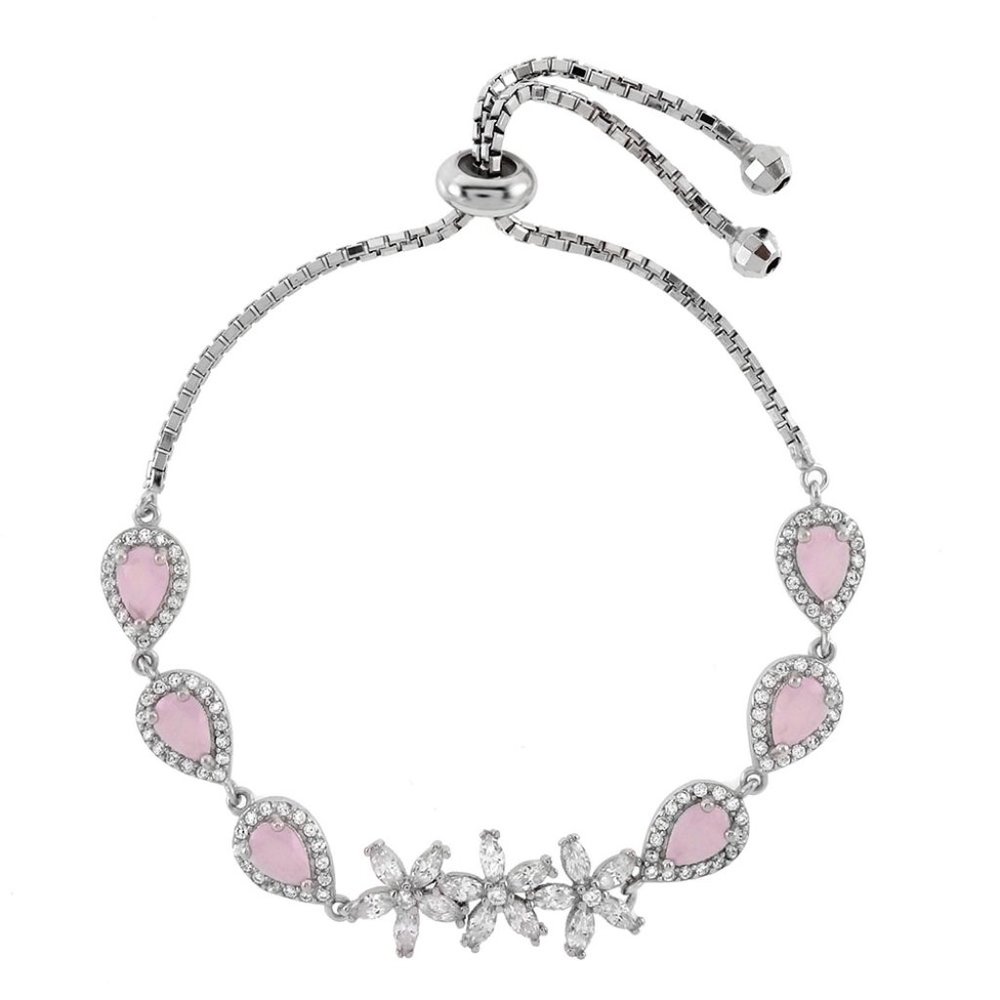 Rose Quartz W. Flower CZ Adjustable Bracelet
